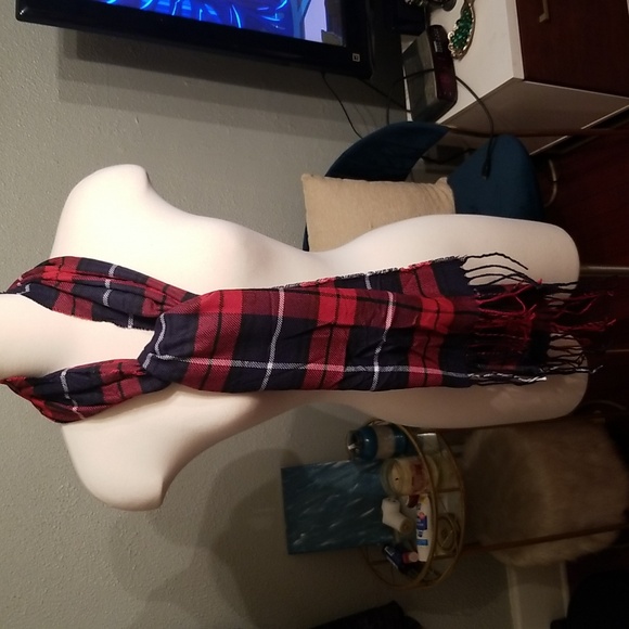 Plaid Fringe Scarf Wrap New In Package Navy, red, white, Soft 13" X 70" - Picture 2 of 10